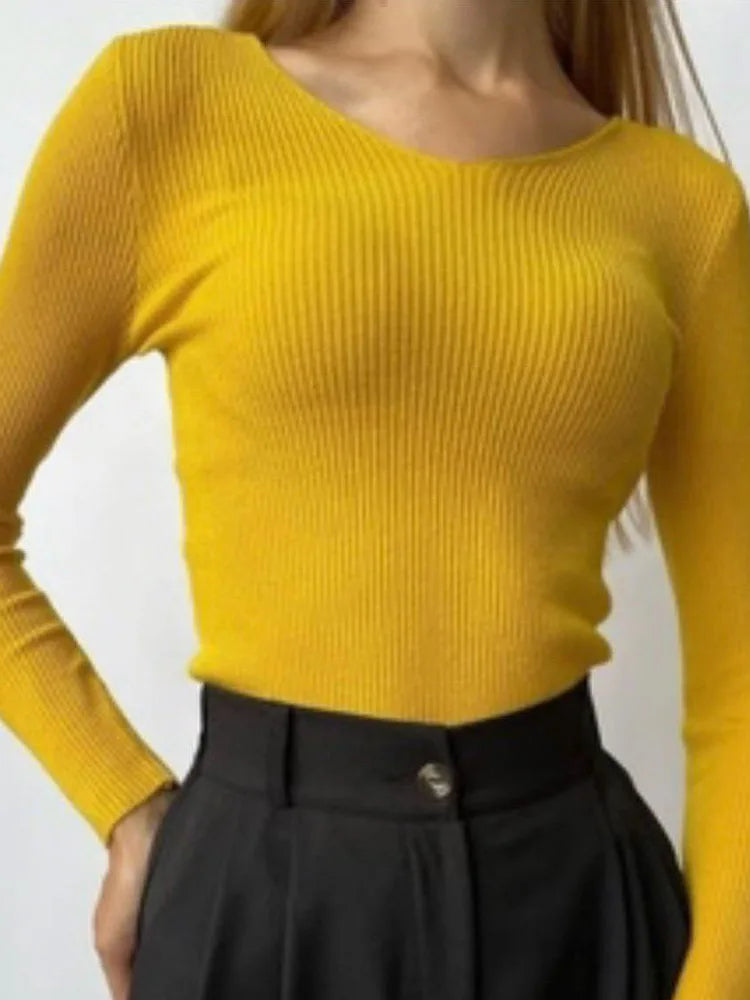 Spring Autumn Knitted V-neck Slim Fit Solid Soft Basic Sweater