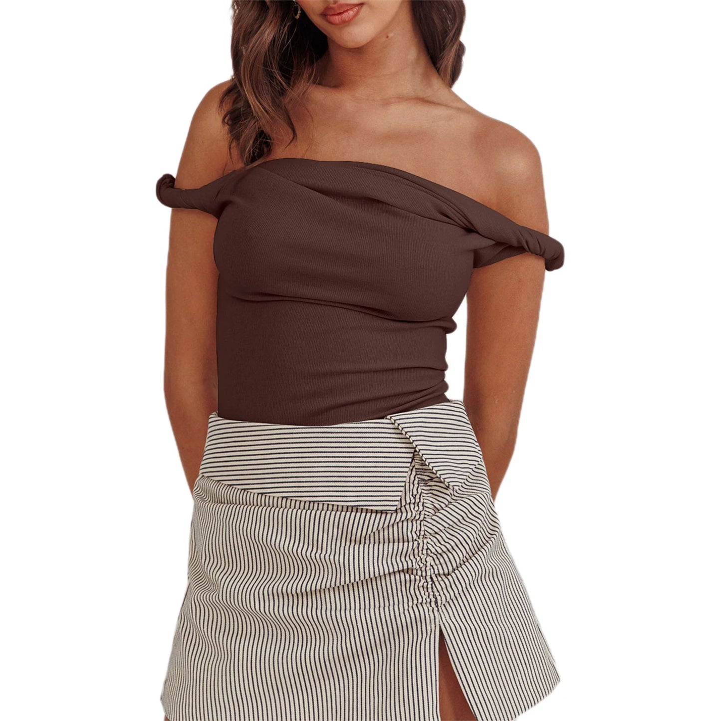 Twisted Off Shoulder Cotton Solid Color Elegant Slim Fit Crop Top