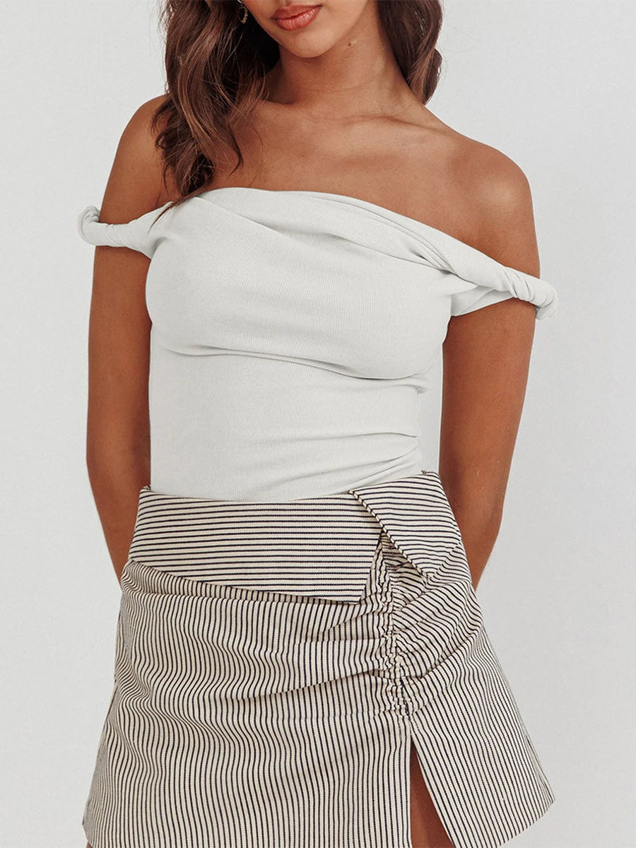 Twisted Off Shoulder Cotton Solid Color Elegant Slim Fit Crop Top