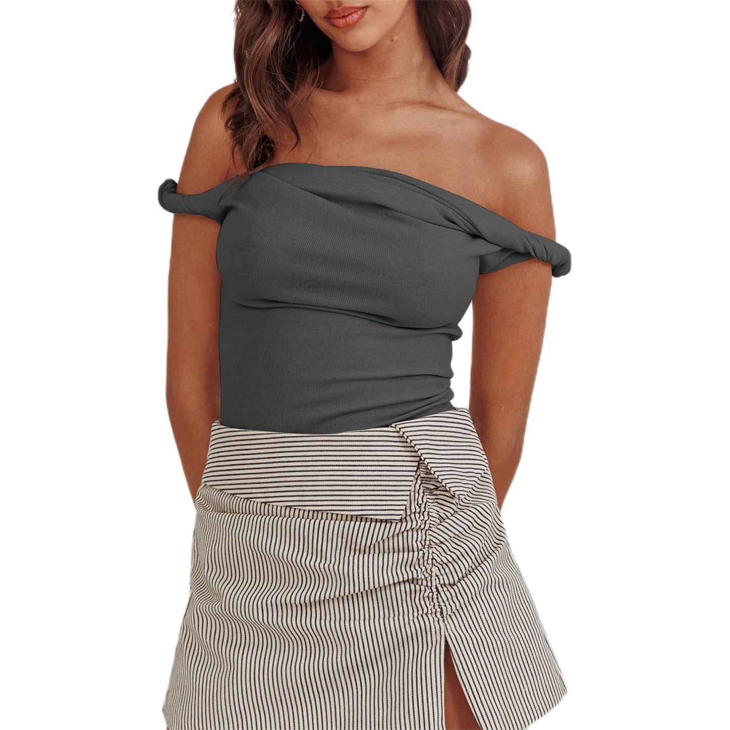 Twisted Off Shoulder Cotton Solid Color Elegant Slim Fit Crop Top