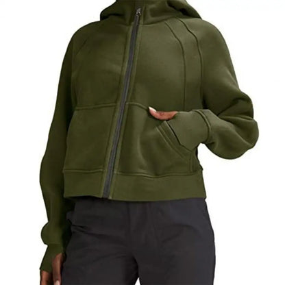 Winter Fleece Pocket Hooded Zipper  Neck Protection Warm Hoodie