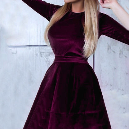 Amy Fashion - Long Sleeve Round Neck Waist Fashion Velvet Dress