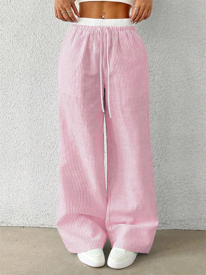 Casual Striped Woven Wide Fall Winter Stylish Full Length Y2K Trouser