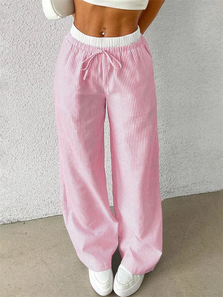 Casual Striped Woven Wide Fall Winter Stylish Full Length Y2K Trouser