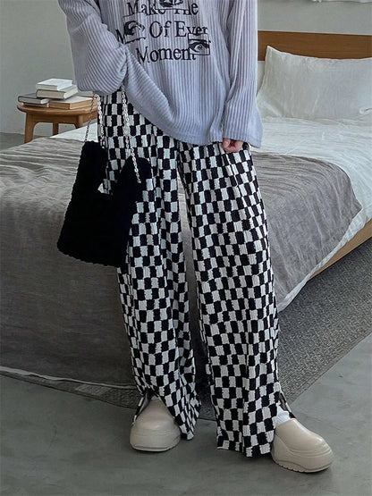 Checkerboard Print Autumn Winter Y2K Side Split Straight Elastic High Trouser