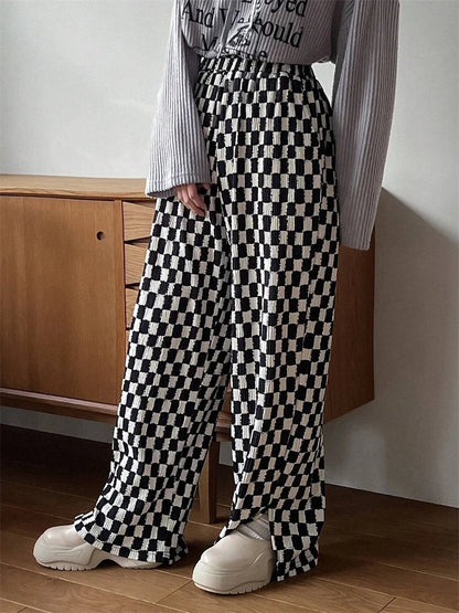 Checkerboard Print Autumn Winter Y2K Side Split Straight Elastic High Trouser