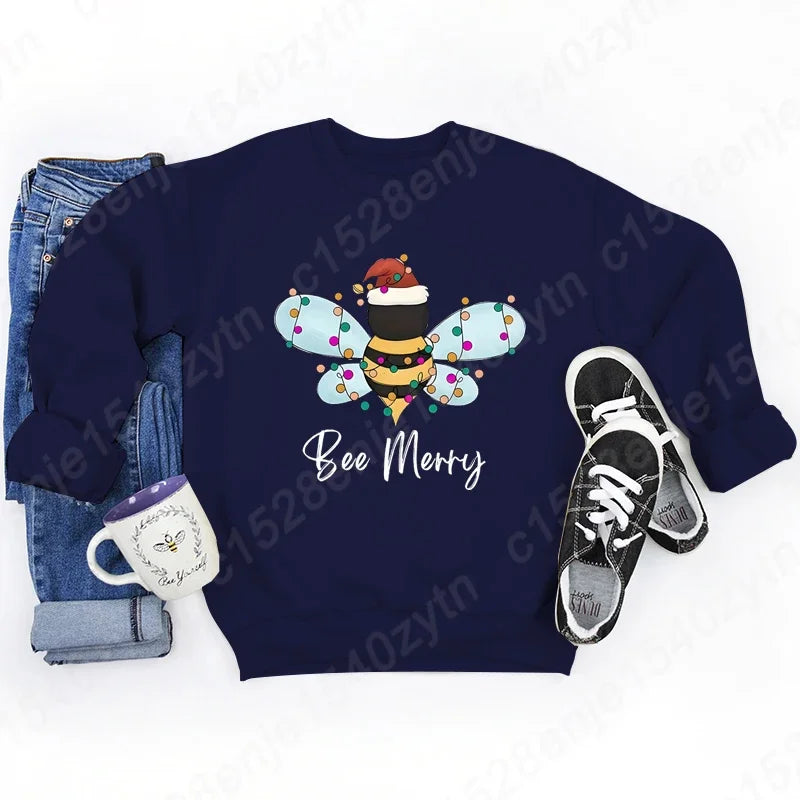 Festive Bee Letter Print Christmas Hoodie - Long Sleeve