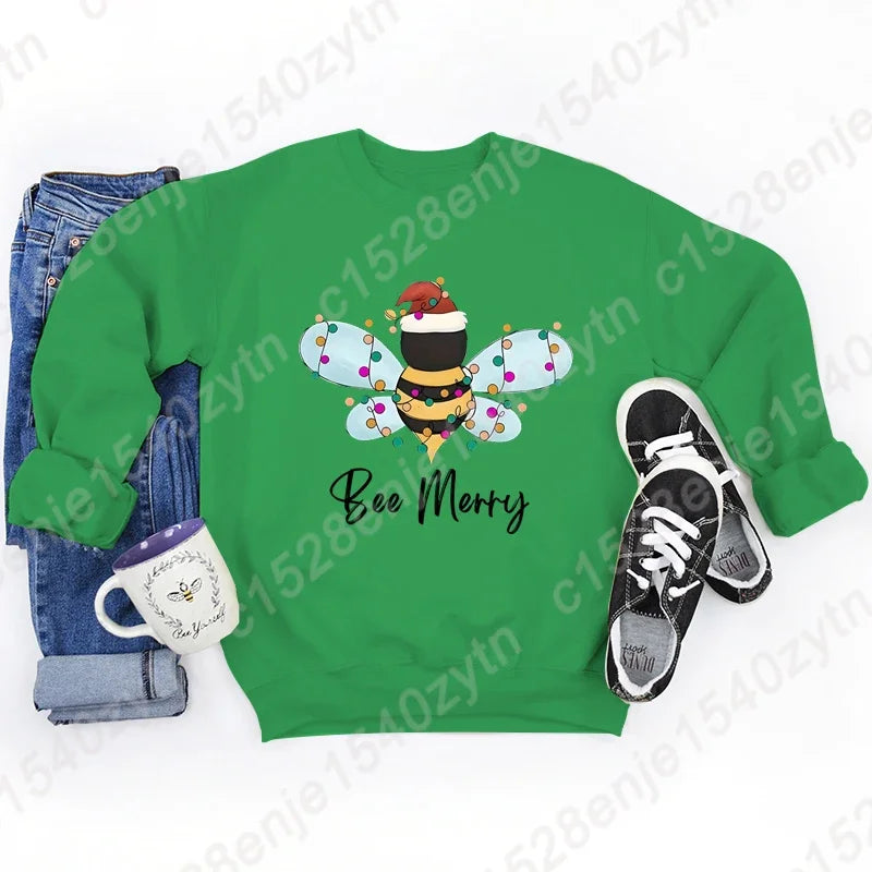 Festive Bee Letter Print Christmas Hoodie - Long Sleeve