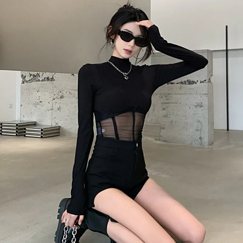 Fashionable Elegant Mesh Patchwork Slim Fit Solid Color Crop Top