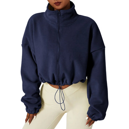 Full Zip Fleece Warm Long Sleeve Stand Collar Crop Hoodie