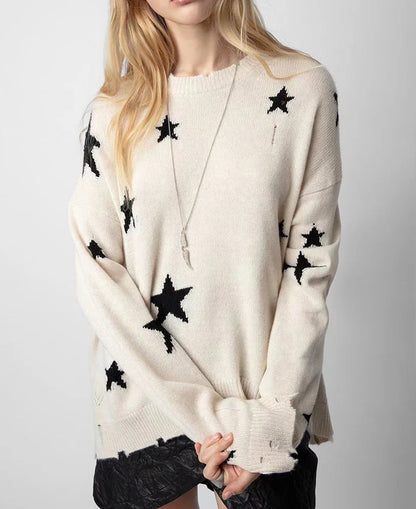 Knit Star Pattern Ripped Loose Round Neck Long Sleeve Casual Sweater