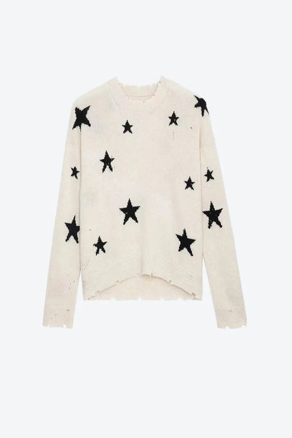 Knit Star Pattern Ripped Loose Round Neck Long Sleeve Casual Sweater