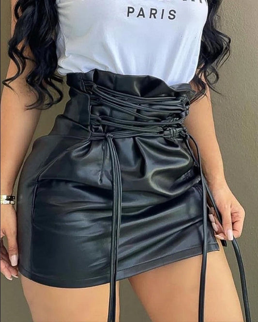 Motorcycle Latest Fashion Urban Style Lace Up High Waist PU Leather Mini Skirt