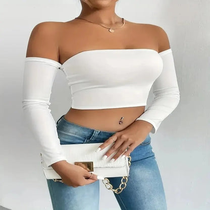 Off Shoulder Long Sleeve Casual Spring Fall Women's Crop Top