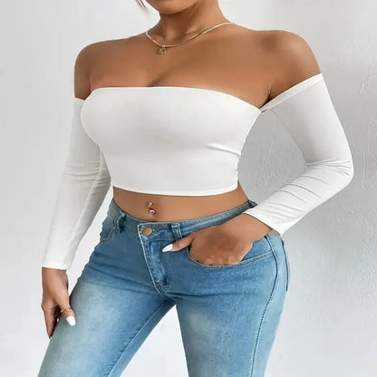 Off Shoulder Long Sleeve Casual Spring Fall Women's Crop Top