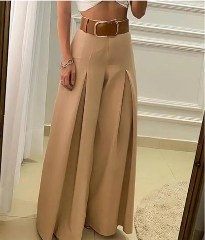 Solid Color Open Fold High Waist Wide Leg Elegant Pants