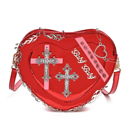 Metal Punk Shoulder Crossbody Heart-Shaped Leather Gothic Decoration Bag