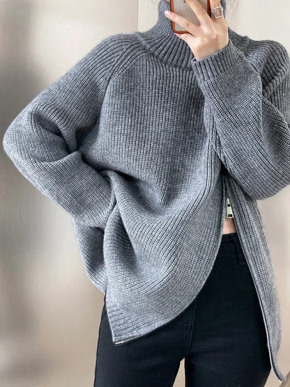 Women's Zipper Oversize Fashion Women 2024 Autumn Knitwear Loose Thick Warm High Neck Cozy Sweater