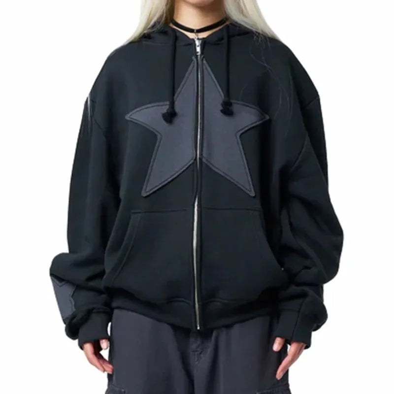 Y2K Spring Autumn Long Sleeve Star Zip Up Streetwear Hoodie