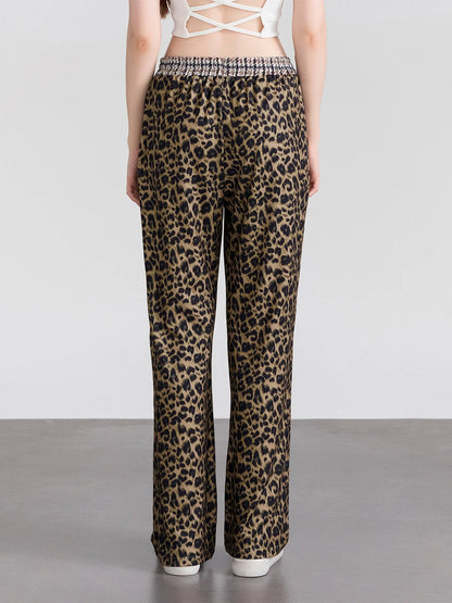 Elastic Waistband Leopard Houndstooth Print Casual Pants