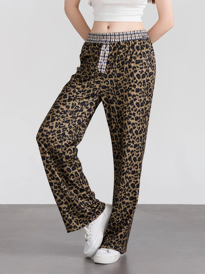 Elastic Waistband Leopard Houndstooth Print Casual Pants