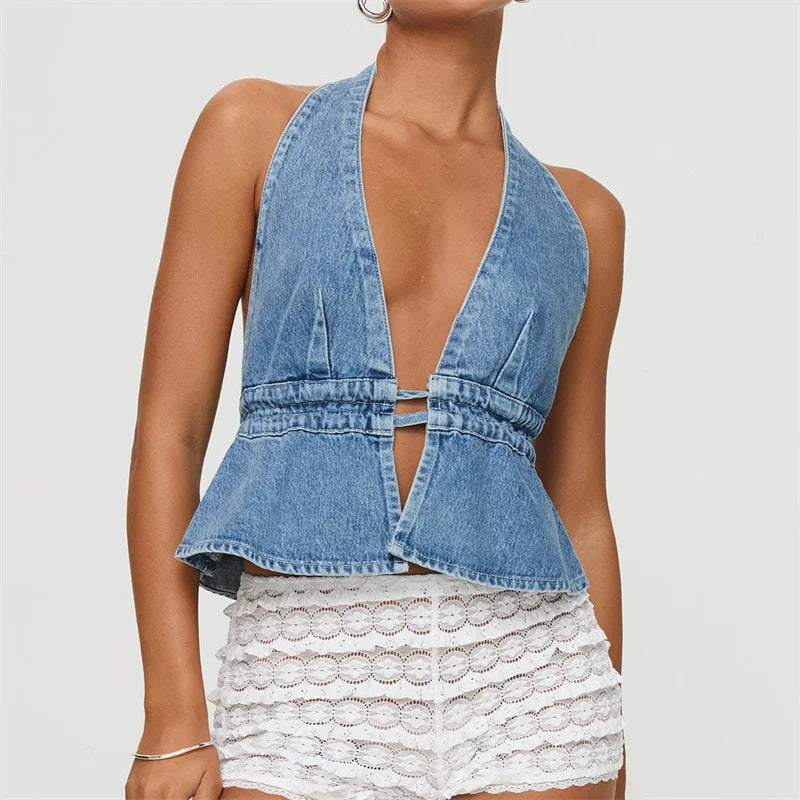 Denim Solid Color V Neck Sleeveless Backless Bandage Vest Jeans Streetwear Crop Top