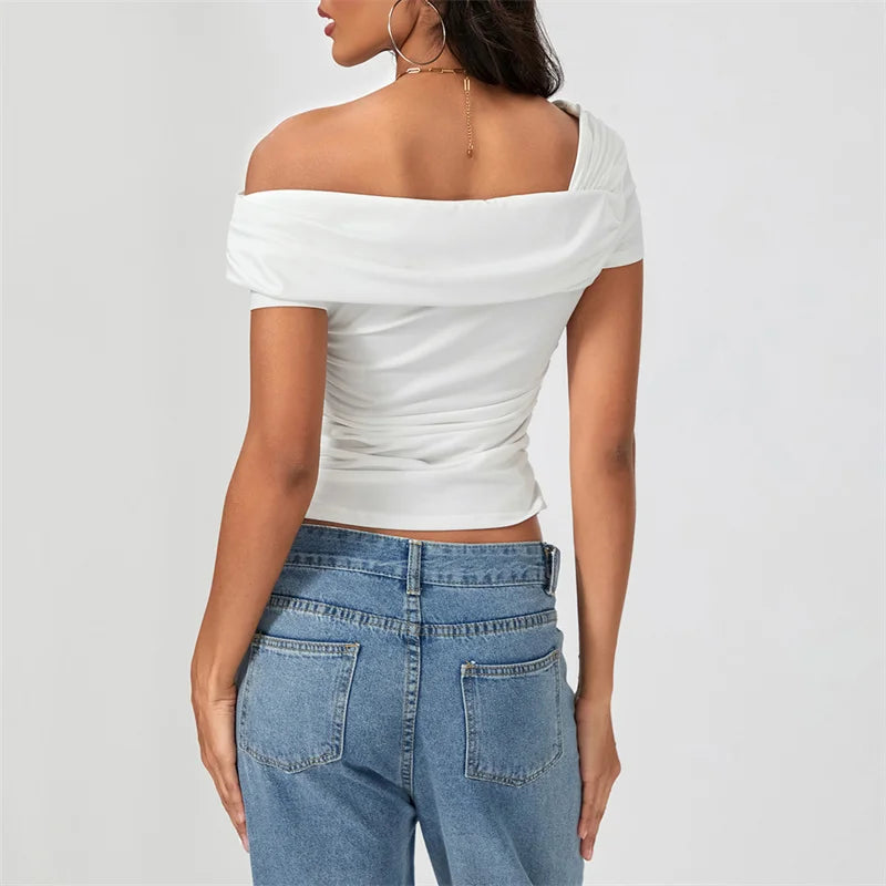 Oblique Shoulder Solid Color Sleeveless Cropped Aesthetic Streetwear Crop Top