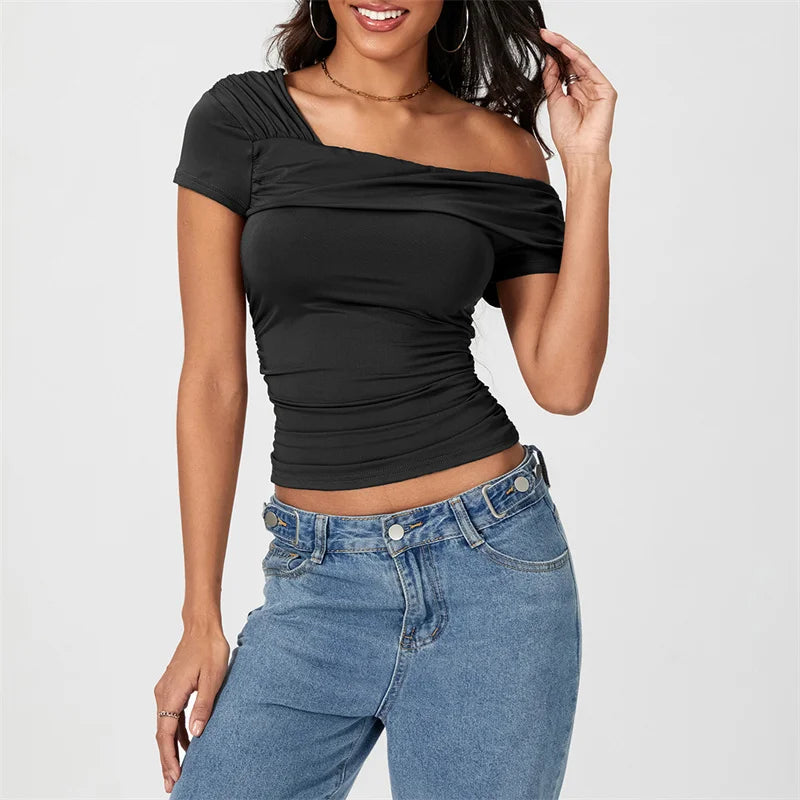 Oblique Shoulder Solid Color Sleeveless Cropped Aesthetic Streetwear Crop Top