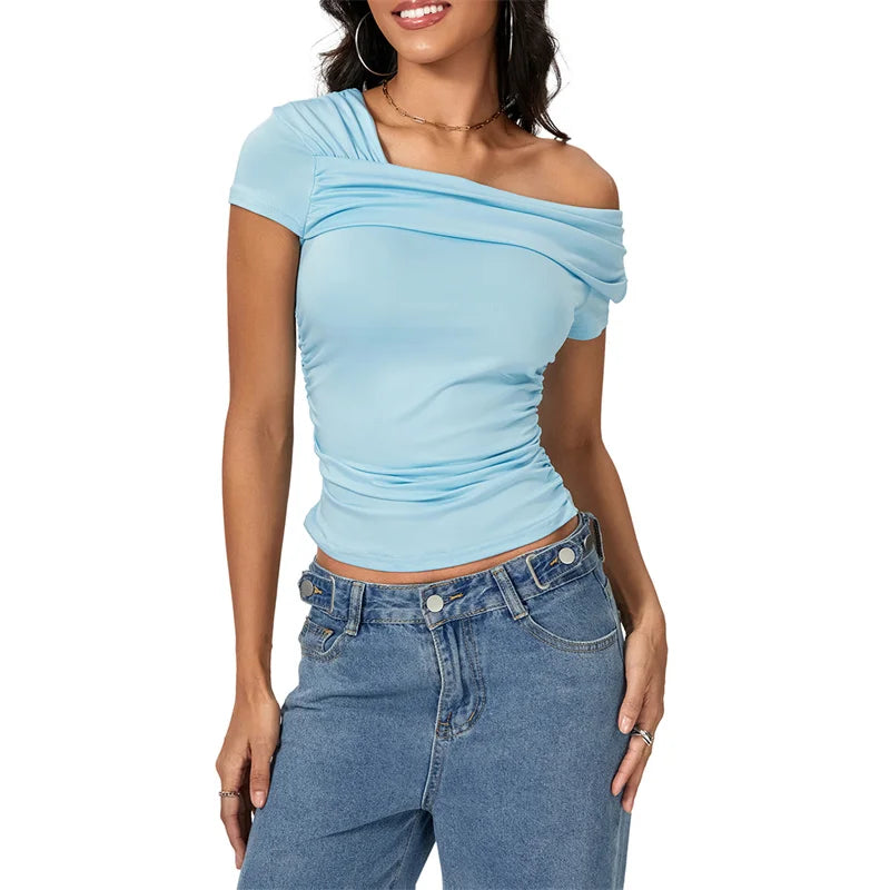 Oblique Shoulder Solid Color Sleeveless Cropped Aesthetic Streetwear Crop Top