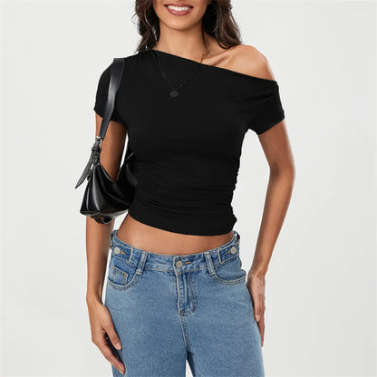 Y2k Summer Grunge Oblique Shoulder Sleeveless Ruched Streetwear Crop Top