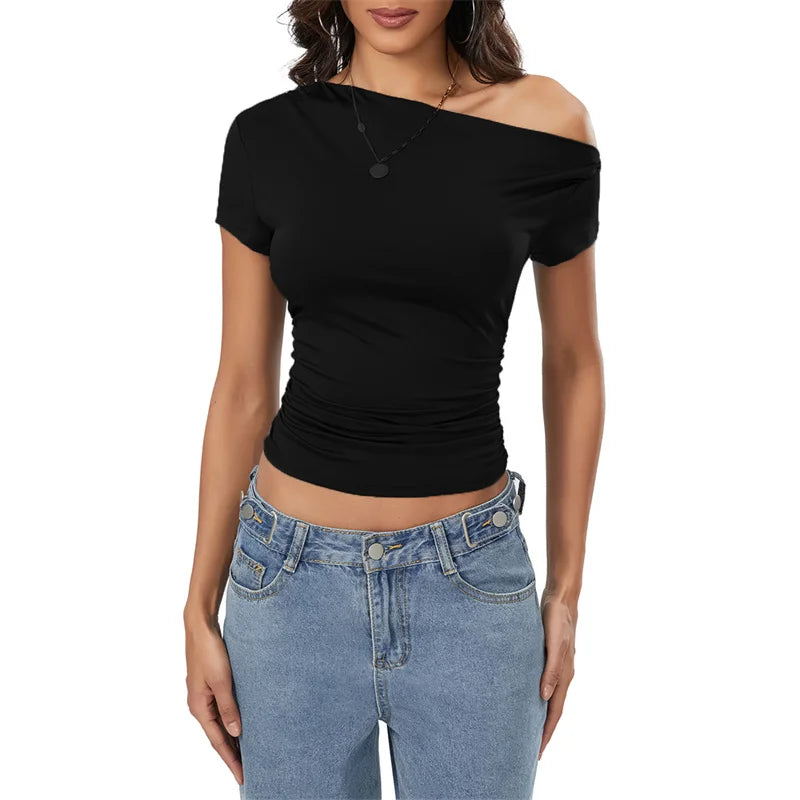 Y2k Summer Grunge Oblique Shoulder Sleeveless Ruched Streetwear Crop Top