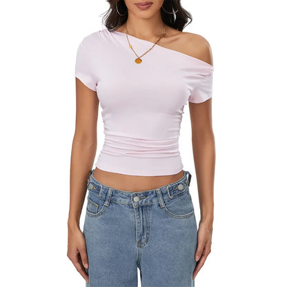 Y2k Summer Grunge Oblique Shoulder Sleeveless Ruched Streetwear Crop Top