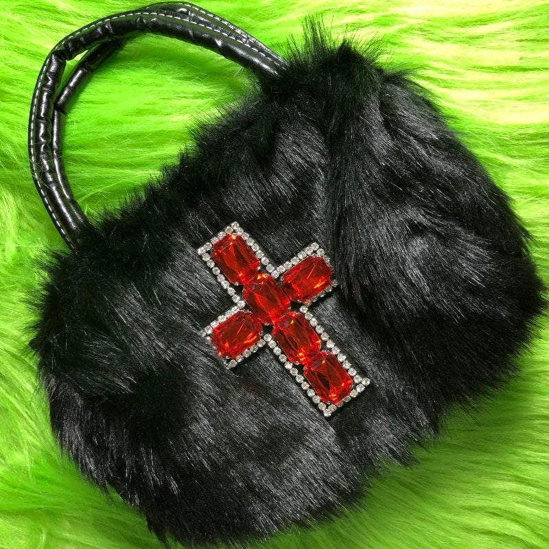 Bag Punk Y2K Gothic Applique Shoulder Harajuku Hop Soft Cross Black Plush Hip