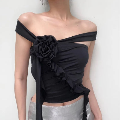 Off Top Flower Crop Ruffles Backless Gothic Aesthetic Shoulder