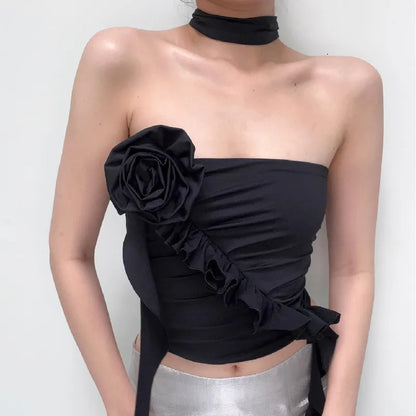 Off Top Flower Crop Ruffles Backless Gothic Aesthetic Shoulder