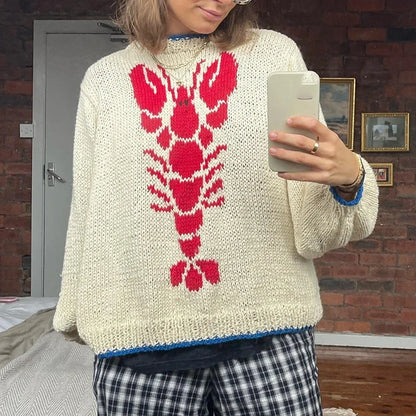 Y2K Knitted Pullovers 90s Vintage Grunge Preppy Style Lobster Pattern Autumn Winter Long Sleeve Cozy Sweater