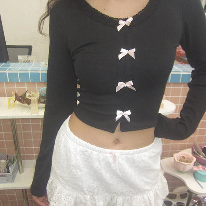 Y2K Lace Trim Kawaii Multi Cute Bow Single-breasted Solid Lolita Crop Top