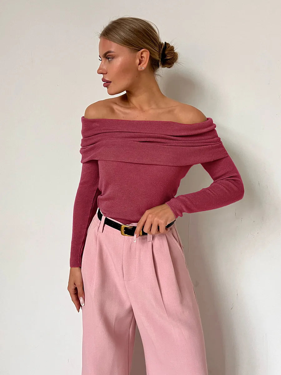 Y2K Off Shoulder Autumn Winter Solid Long Sleeve Streetwear Sweater