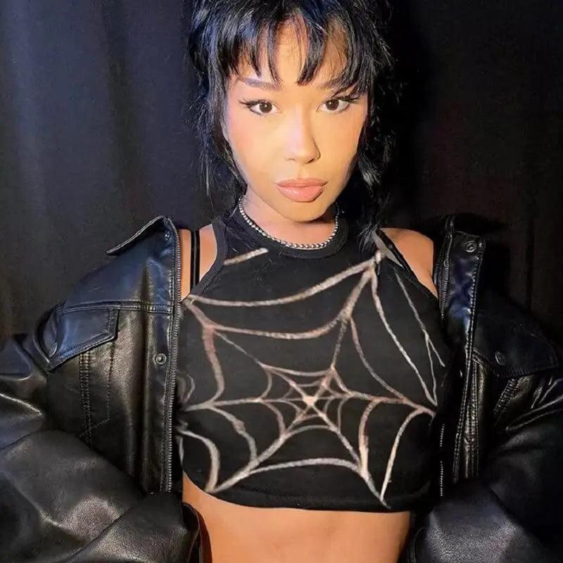 Graphic Web Spider Crop Grunge Top Gothic Dark