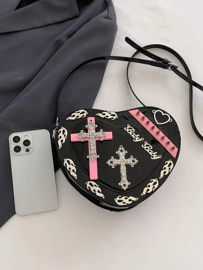 Trendy PU Pattern Gothic Cross Mini Bag Colorful Y2K Punk Coffin Shape