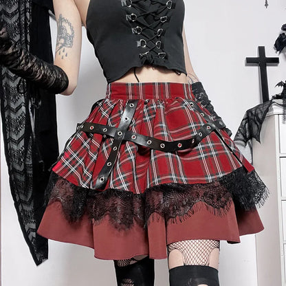 Pleated Gothic Cake Sweet Y2k Plaid Lace Skirt Girls Mini Harajuku Lolita Kawaii