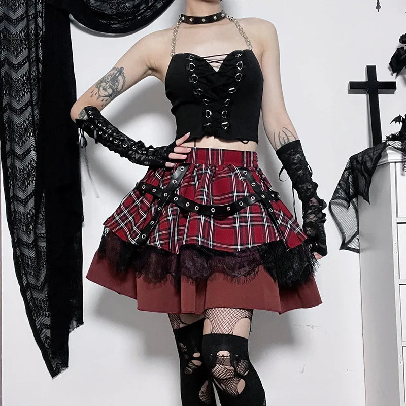 Pleated Gothic Cake Sweet Y2k Plaid Lace Skirt Girls Mini Harajuku Lolita Kawaii