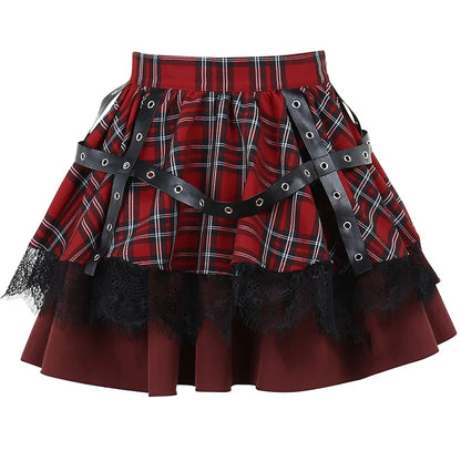 Pleated Gothic Cake Sweet Y2k Plaid Lace Skirt Girls Mini Harajuku Lolita Kawaii