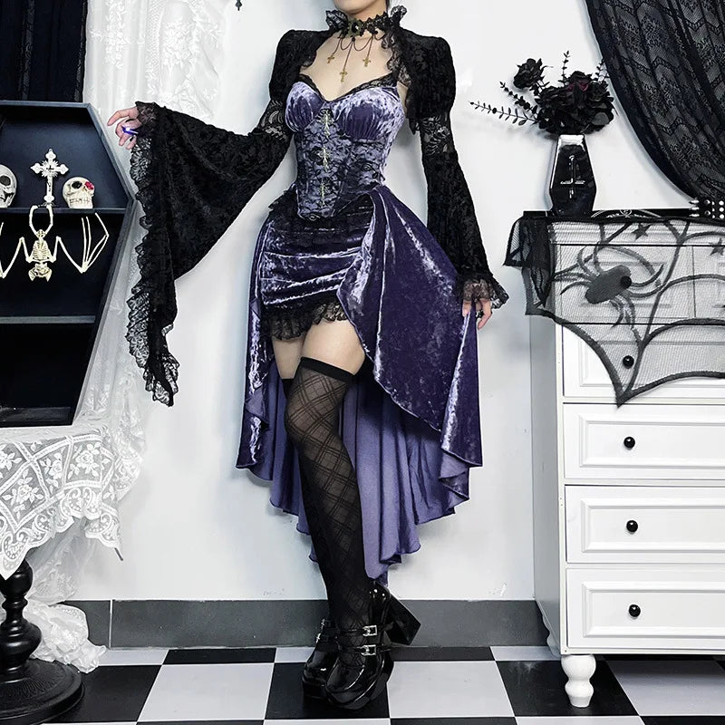 Sling Gothic Dark Trailing Irregular Fairy Fashion Grunge Purple French Slim Waist High Dress