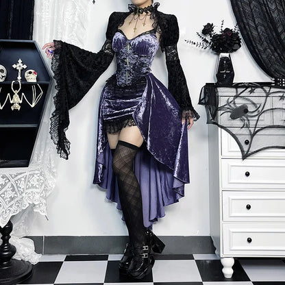 Sling Gothic Dark Trailing Irregular Fairy Fashion Grunge Purple French Slim Waist High Dress