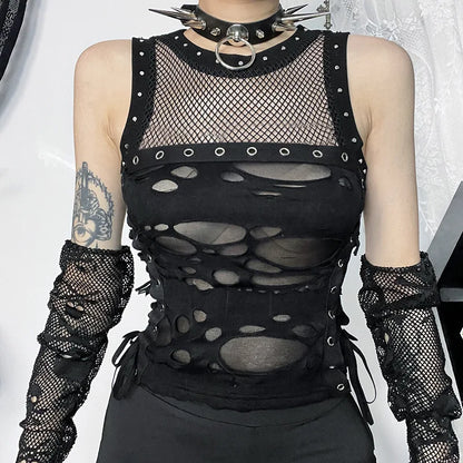 Trendy Rave Gothic Party Steampunk Fishnet Backless Sexy Crop Top