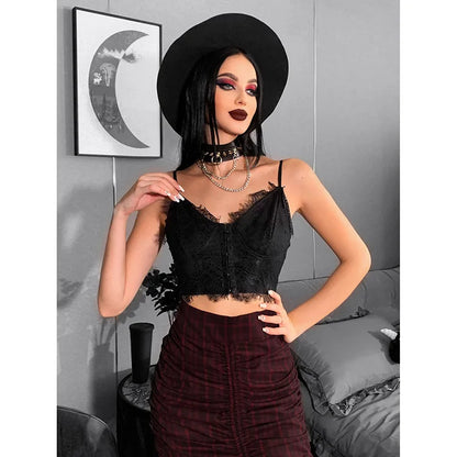 Grunge Sexy Fairy V-neck Crop Top Gothic Lace Dark Punk