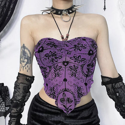 Bandeau Top Flocked Irregular Sexy Gothic Backless Crop Halterneck