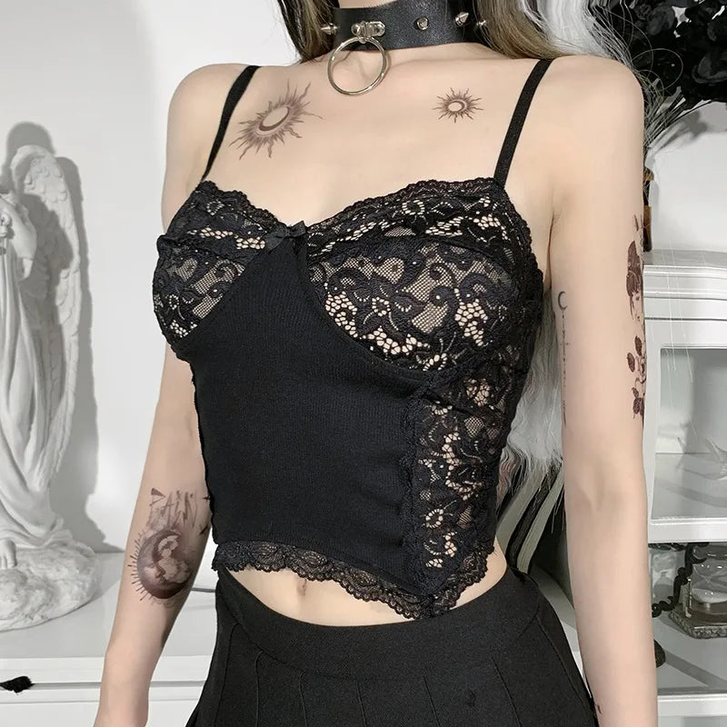 Punk Gothic Suspender Crop Top Lace