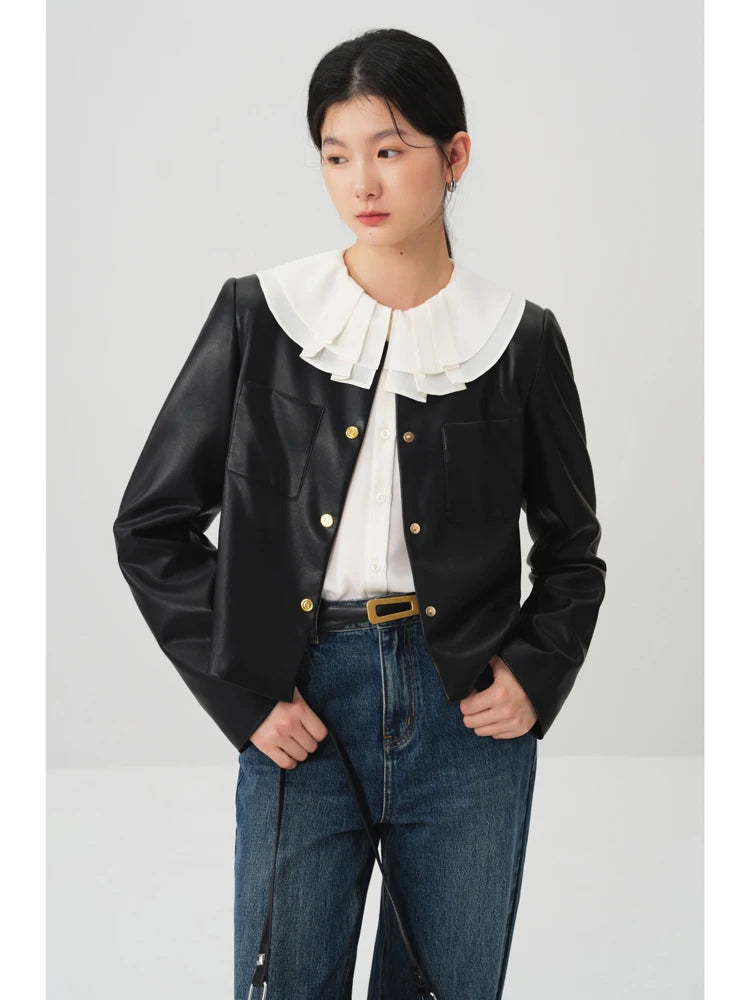 PU Leather Round Neck Simple Black Short Spring Front Shoulder Female Jacket